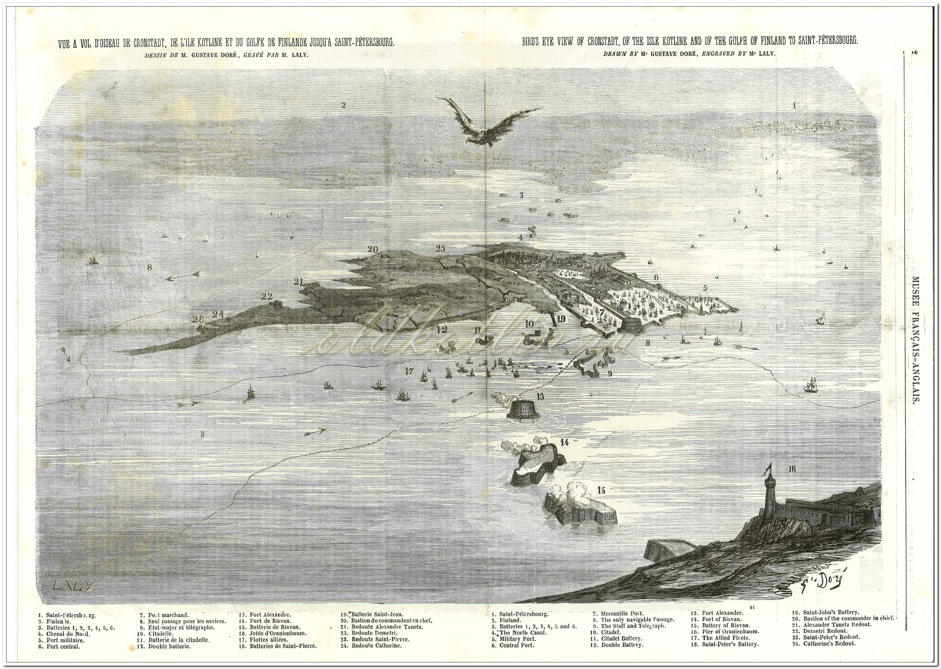 Гравюра, Кронштадт с высоты птичьего полета, 1855 год.